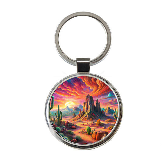 Psychedelic Southwest Desert Scene Round Metal Keychain