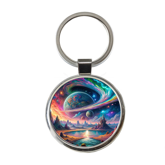 Psychedelic Space Galaxy Planet Vibrant Colors Round Metal Keychain
