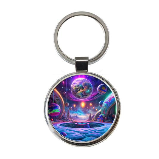 Psychedelic Space Planets Design Round Metal Keychain