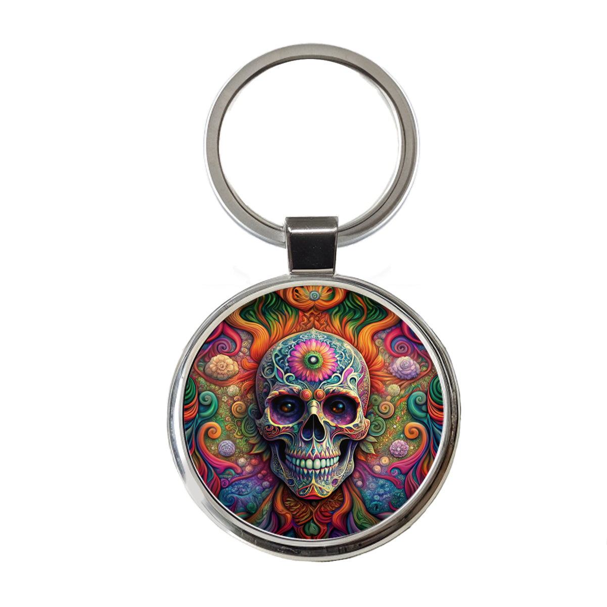 Psychedelic Sugar Skull Day of the Dead Round Metal Keychain