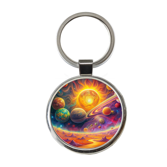 Psychedelic Sun And Planets Solar System Round Metal Keychain