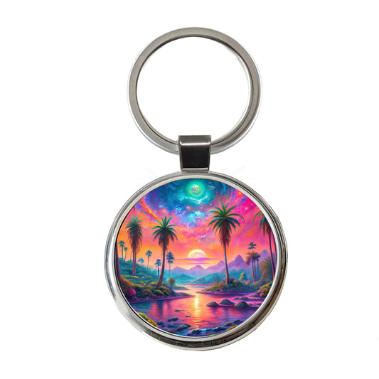 Psychedelic Tropical Palm Trees Colorful Scene Round Metal Keychain