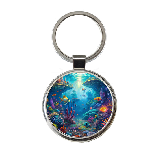 Psychedelic Underwater Ocean Scene Round Metal Keychain