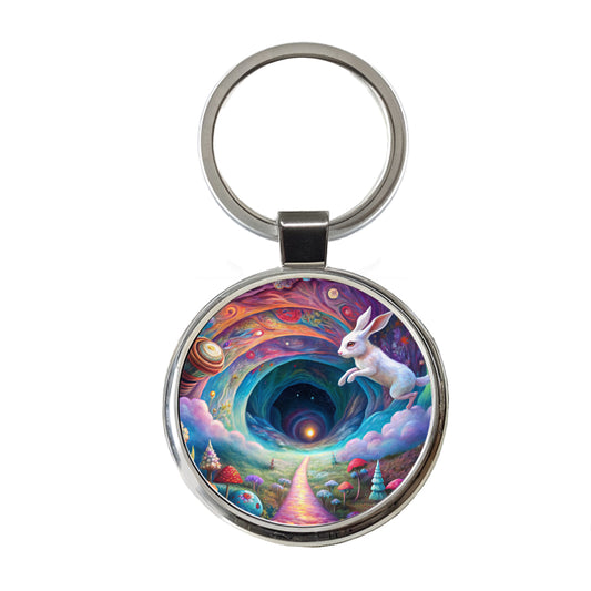 Psychedelic Wonderland White Rabbit Going Down The Hole Round Metal Keychain
