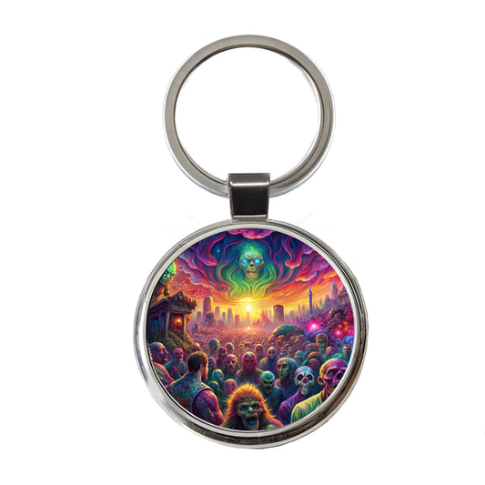 Psychedelic Zombie Outbreak Round Metal Keychain