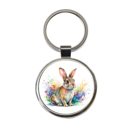 Rabbit Bunny Watercolor Round Metal Keychain