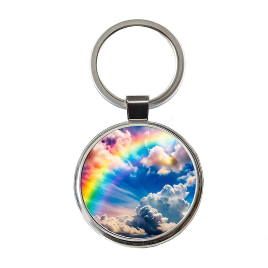 Rainbow in Cloudy Sky Round Metal Keychain