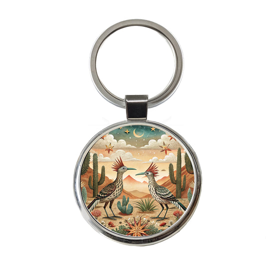 Southwestern Desert Tribal Roadrunners Design Round Metal Keychain