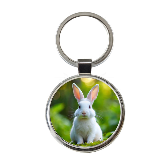White Bunny Rabbit Round Metal Keychain