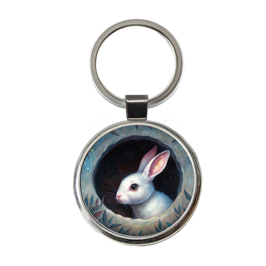 White Rabbit Bunny In A Dark Hole Round Metal Keychain