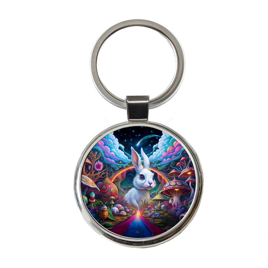 White Rabbit Psychedelic Trippy Wonderland Design Round Metal Keychain