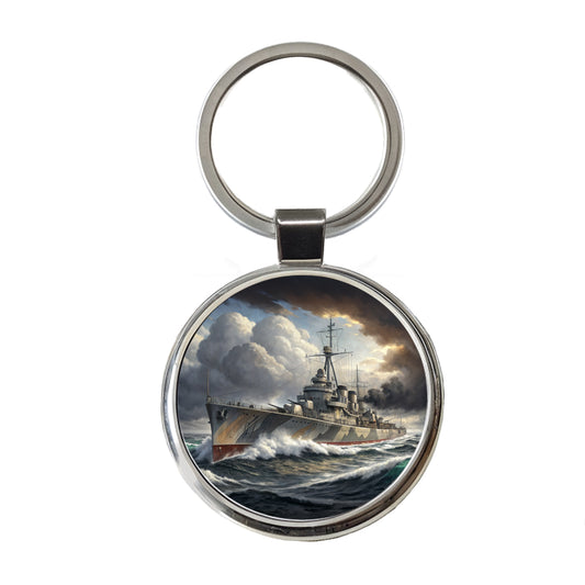 WWII Destroyer at Sea Round Metal Keychain