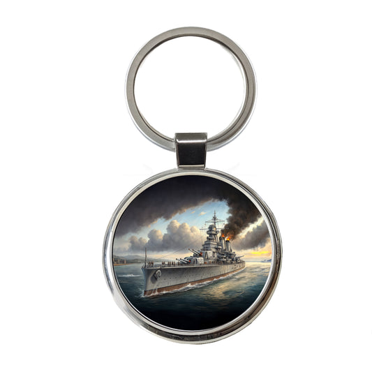 WWII Heavy Cruiser Round Metal Keychain