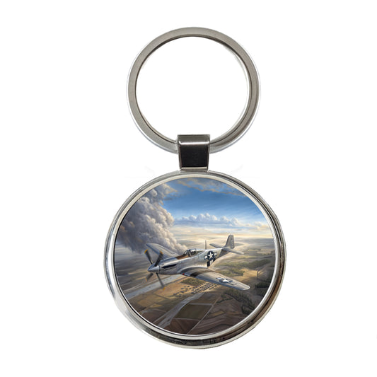 WWII Mustang Fighter Plane In Flight Round Metal Keychain