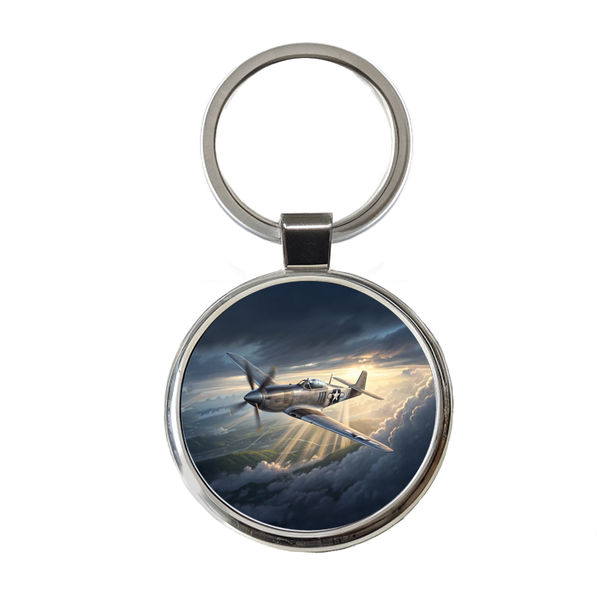 WWII Mustang US Air Force Fighter Plane In Flight Round Metal Keychain