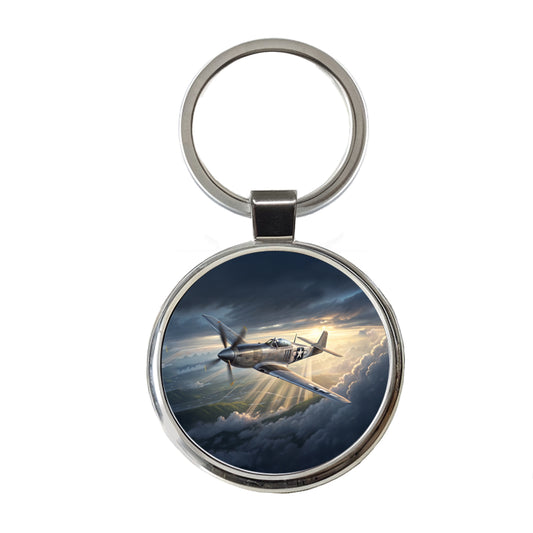 WWII Mustang US Air Force Fighter Plane In Flight Round Metal Keychain