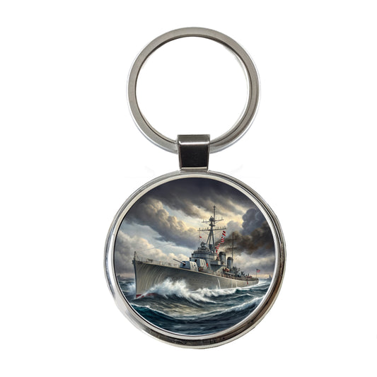 WWII Navy Destroyer Round Metal Keychain