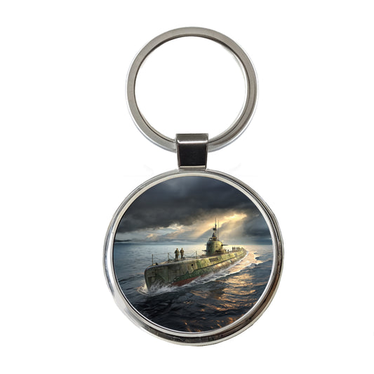 WWII Submarine Running On Surface Round Metal Keychain