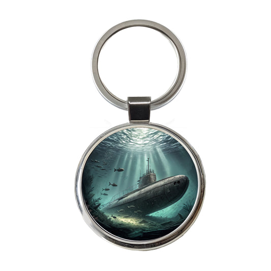 WWII Submarine Submerged Underwater Round Metal Keychain
