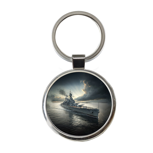 WWII US Navy Battleship At Sea Round Metal Keychain