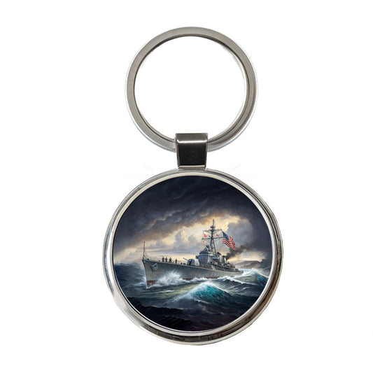 WWII US Navy Destroyer at Sea Round Metal Keychain