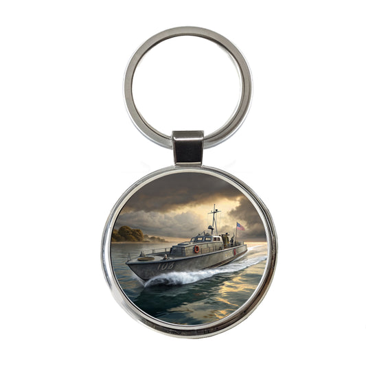 WWII US Navy PT Patrol Boat Round Metal Keychain