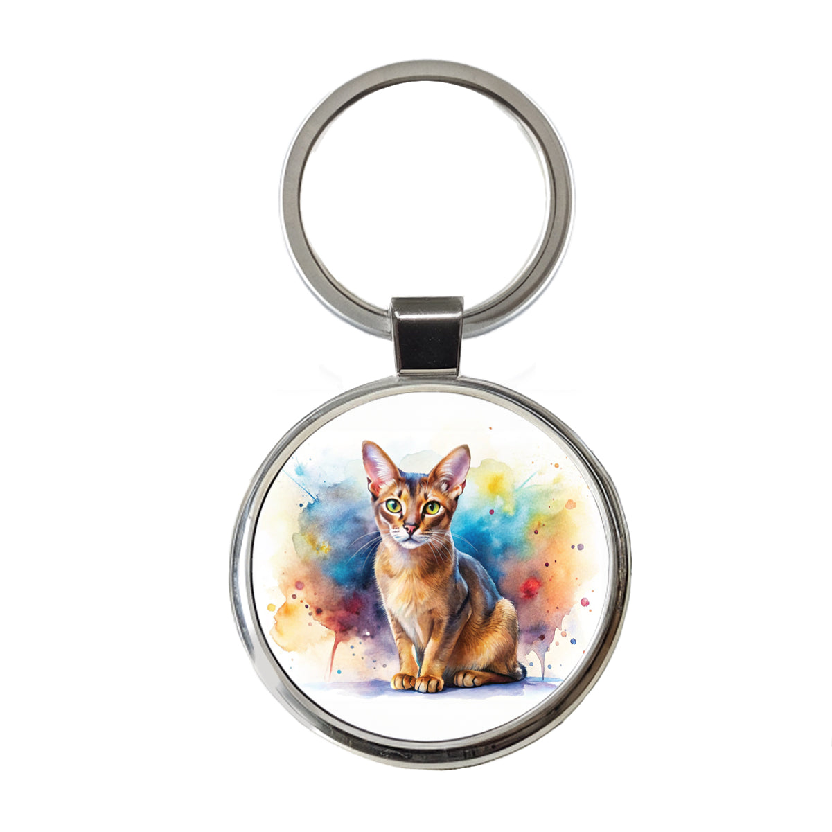 Abyssinian Cat Watercolor Style Round Metal Keychain