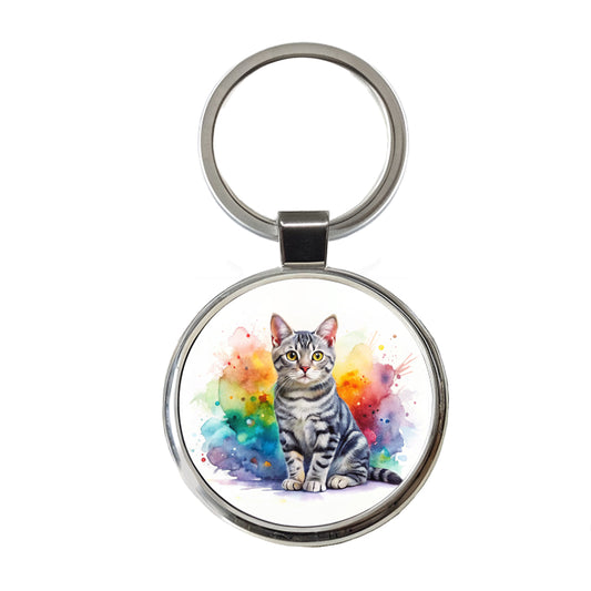 American Shorthair Cat Watercolor Style Round Metal Keychain