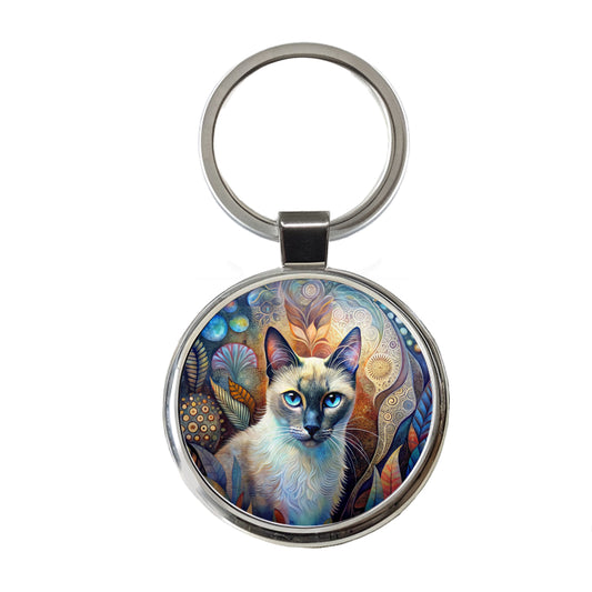 Balinese Cat Abstract Art Round Metal Keychain