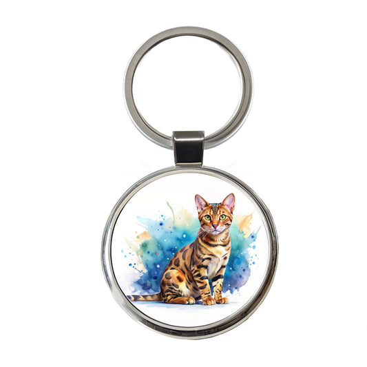 Bengal Cat Watercolor Style Round Metal Keychain