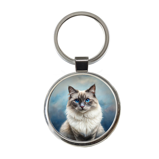 Birman Cat Illustration Round Metal Keychain