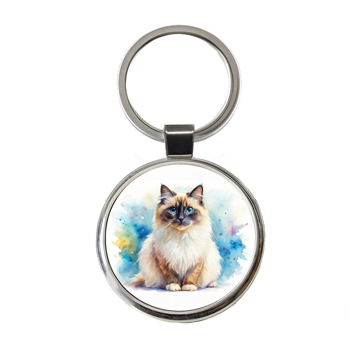Birman Cat Watercolor Style Round Metal Keychain