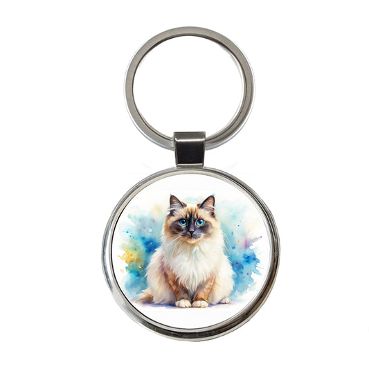 Birman Cat Watercolor Style Round Metal Keychain