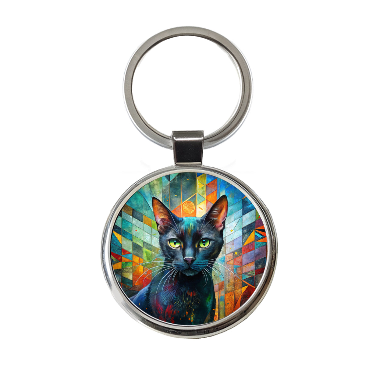 Bombay Black Cat Abstract Art Round Metal Keychain