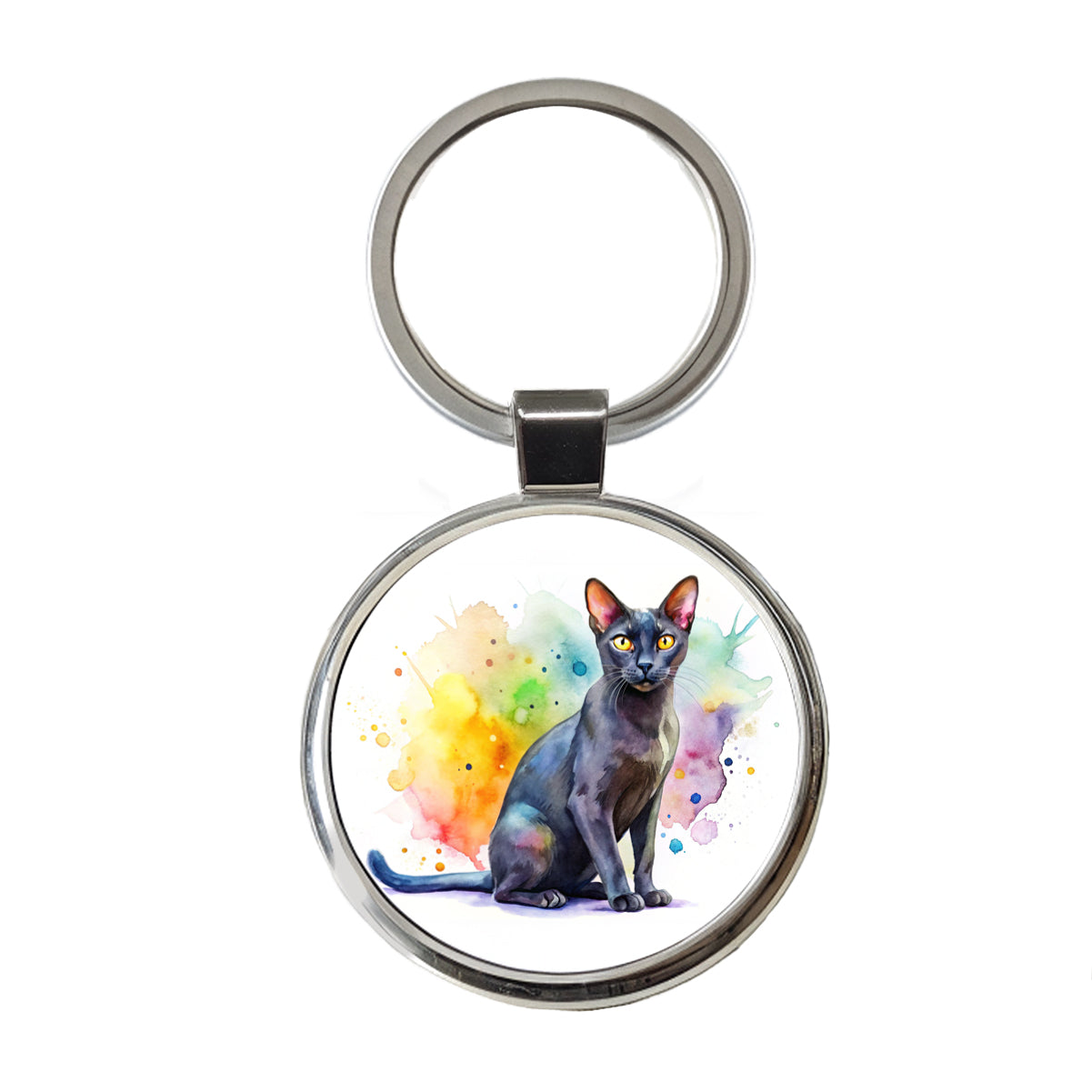 Bombay Black Cat Watercolor Style Round Metal Keychain
