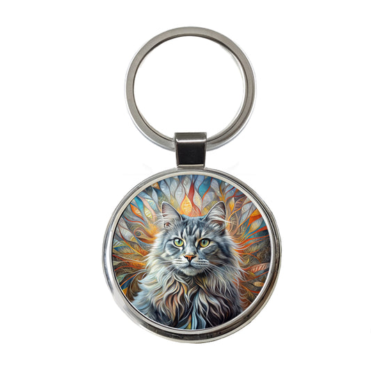 British Longhair Gray Cat Abstract Art Round Metal Keychain
