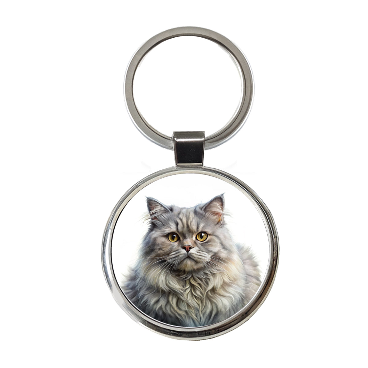British Longhair Gray Cat Illustration Round Metal Keychain