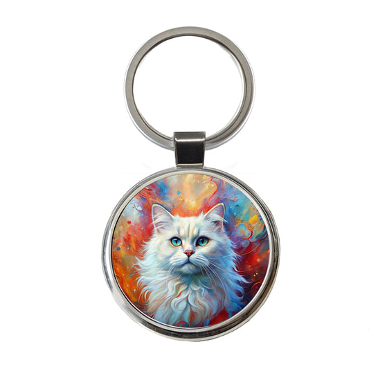 British Longhair White Cat Abstract Art Round Metal Keychain