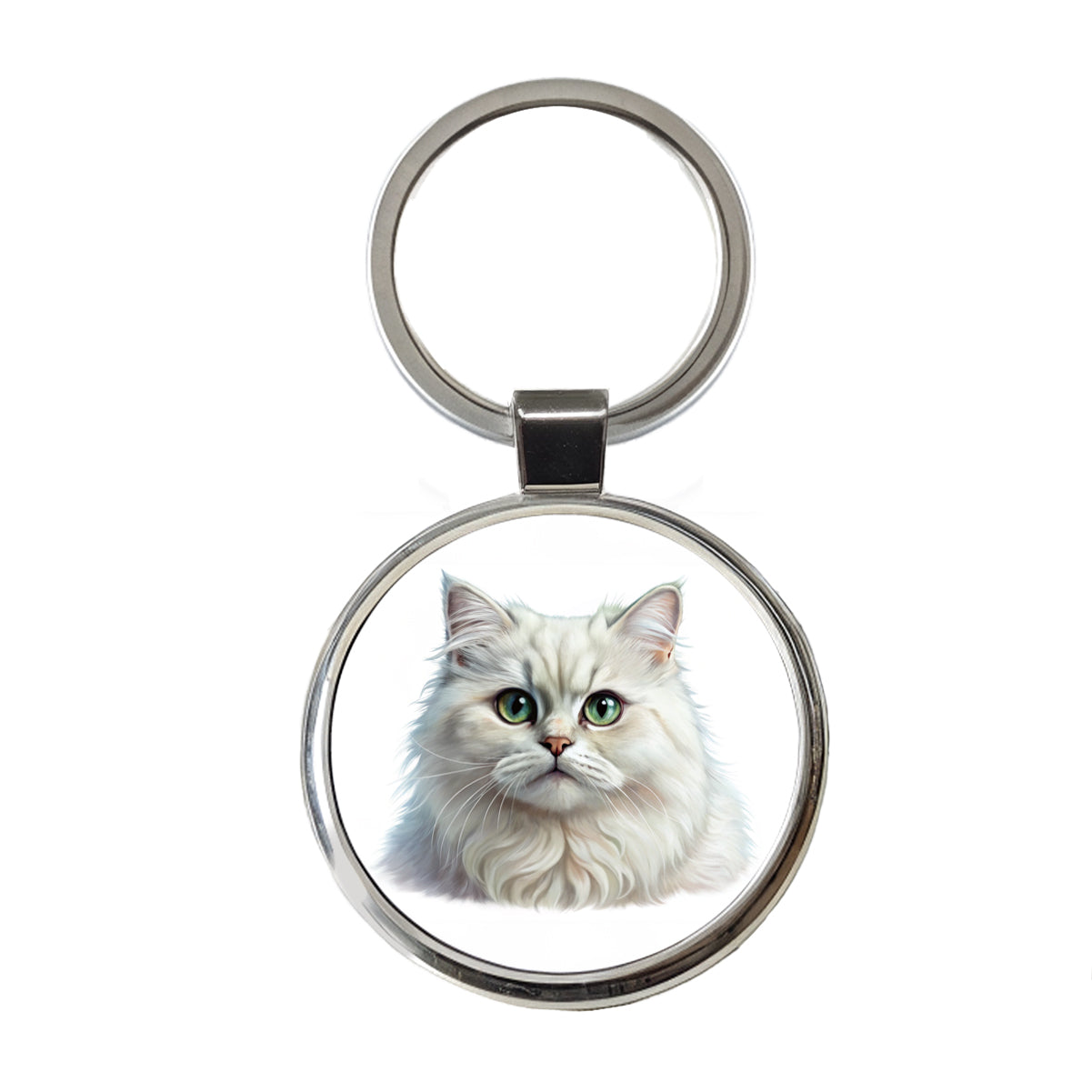 British Longhair White Cat Illustration Round Metal Keychain