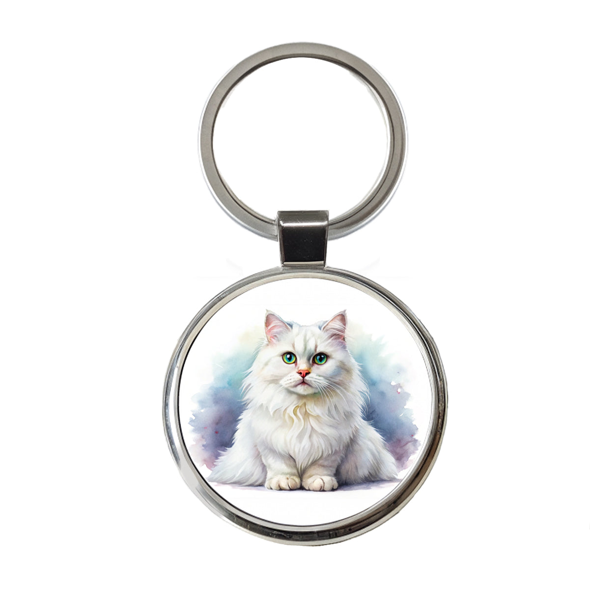 British Longhair White Cat Watercolor Style Round Metal Keychain