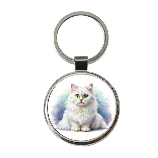 British Longhair White Cat Watercolor Style Round Metal Keychain