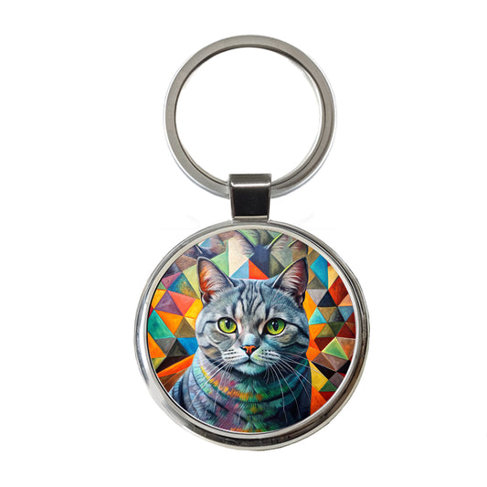 British Shorthair Gray Cat Abstract Art Round Metal Keychain