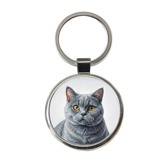British Shorthair Gray Cat Illustration Round Metal Keychain