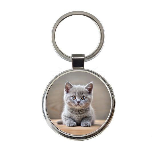 British Shorthair Gray Cat Kitten Photo Round Metal Keychain