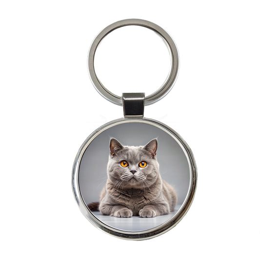 British Shorthair Gray Cat Photo Round Metal Keychain
