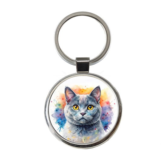 British Shorthair Gray Cat Watercolor Style Round Metal Keychain