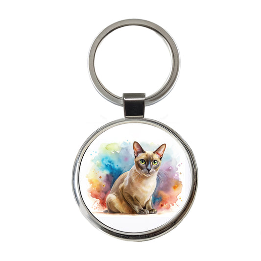 Burmese Cat Watercolor Style Round Metal Keychain