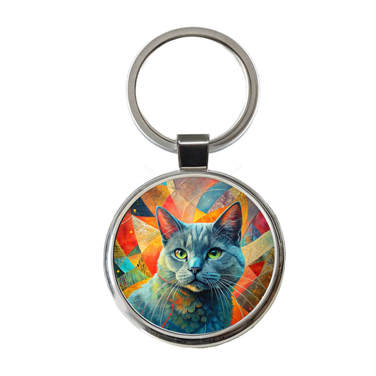 Chartreux Cat Abstract Art Round Metal Keychain