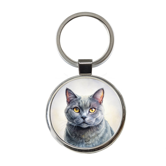 Chartreux Cat Illustration Round Metal Keychain