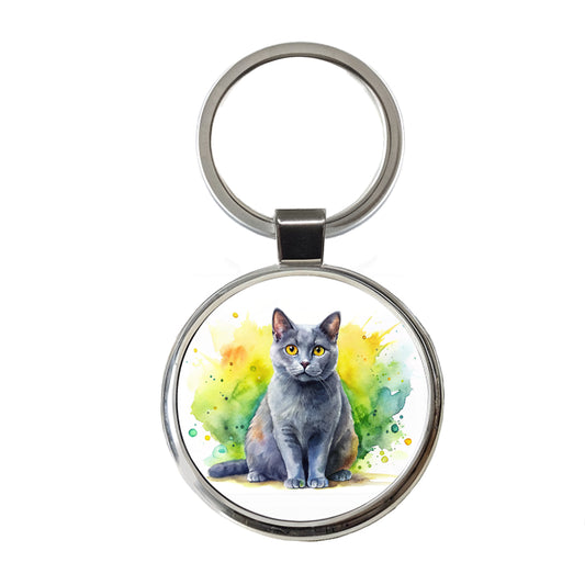 Chartreux Cat Watercolor Style Round Metal Keychain